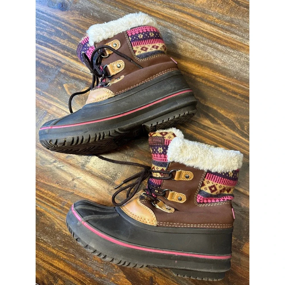 London Fog Snow Boots Kids‎ Size 4 Tan Brown Pink Fair Isle Faux Fur Lined